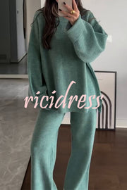 Solid Color Loose Long-sleeved Knit Top and Elastic Waist Casual Straight Leg Pants Set