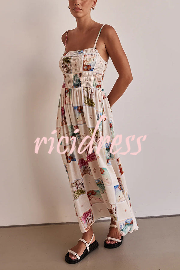 Unique Printed Sling Backless Elastic Pleated Maxi Dress