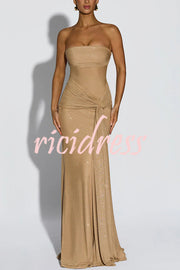 Paula Sequined Mesh and Jersey Off Shoulder Ruched Knot Drape Shawl Maxi Dress