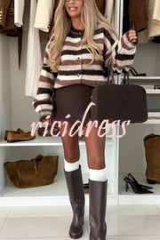 Chilly Days Fashion Knit Striped Button Up Long Sleeve Relaxed Cardigan