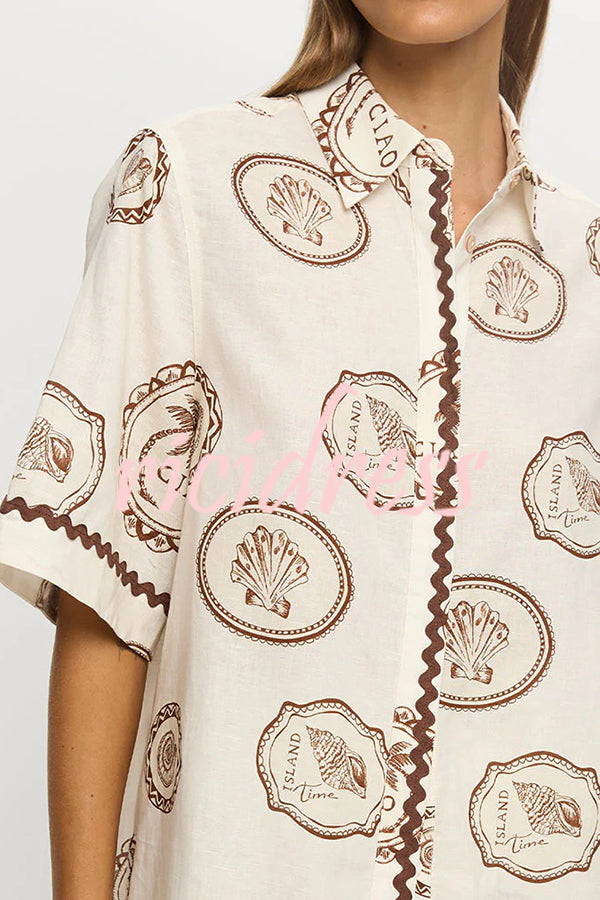 Resort Style Print Lapel Short Sleeve Shirt and Casual Mini Skirt Set