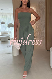 Linen Blend Solid Color Off-the-shoulder Pleated Casual Pocket Wide-leg Jumpsuit