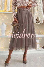 Holiday Party Tulle High Rise Elastic Waistband A-line Midi Skirt