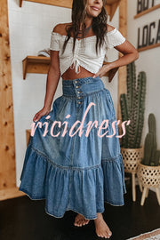 Bohemian High Rise Button Up Loose Denim Pocket Maxi Skirt