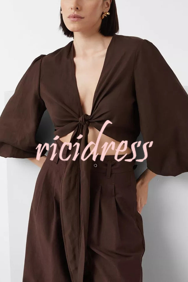 Lets Go Out Linen Blend Balloon Sleeve Wrap Tie-up Loose Top