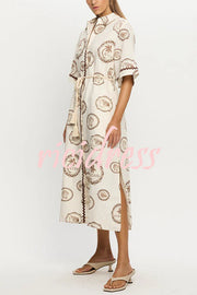 Resort Style Print Lapel Short Sleeves Casual Pocket Waist Tie Loose Midi Dress