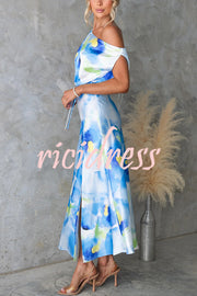 Satin Unique Print One Shoulder Tie Waist Slit Maxi Dress