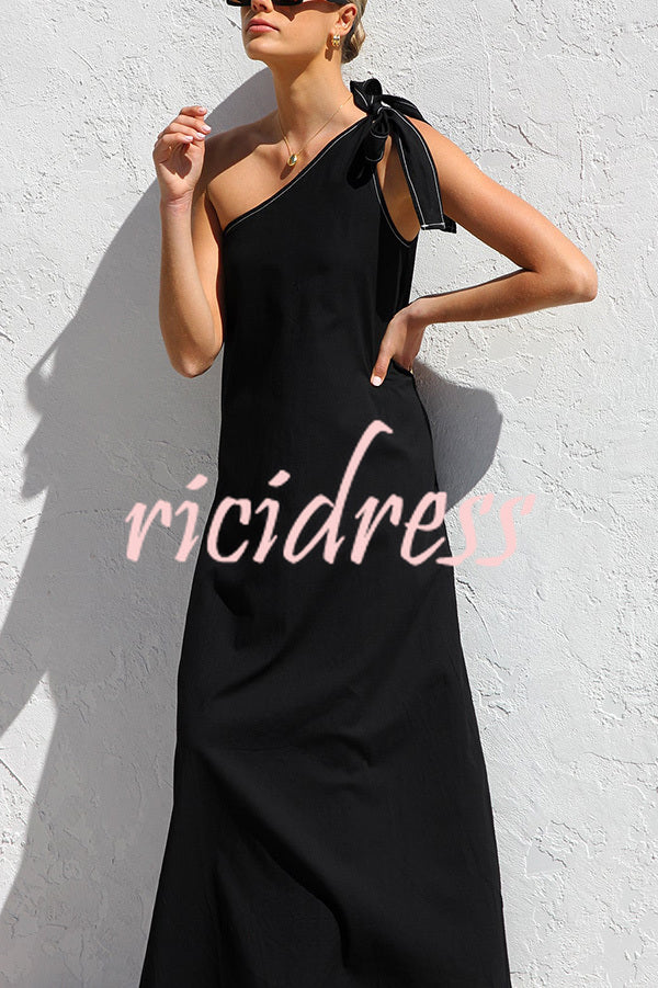 Solid Color One-shoulder Strappy Elegant Sloping Collar Loose Maxi Dress