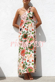 Botanical Print Elegant Strappy One-shoulder Resort Maxi Dress