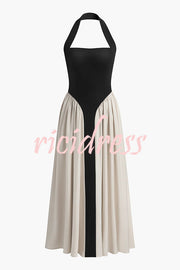 Fashion Contrast Color Stitching Sleeveless Backless Slim Maxi Dress