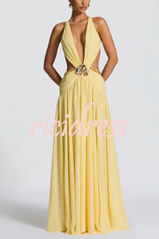 Kinara Leopard Print Deep V-neck Metal Flower Hollow Beads Detail Slit Maxi Dress