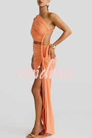 Juliana Rope Detail Ruched One Shoulder Cutout Stretch Maxi Dress