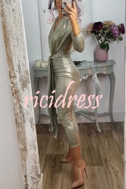 Shiny Lady Metallic Fabric Padded Long Sleeve Tie-up Ruched Midi Dress