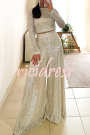 Fashionable Shiny Sequined Long-Sleeved Cropped Top and Casual Wide-Leg Pants Set