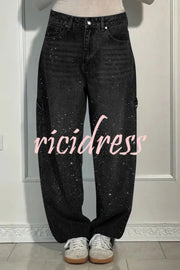 Fashionable Rhinestone Mid-rise Loose Pocket Straight Jeans