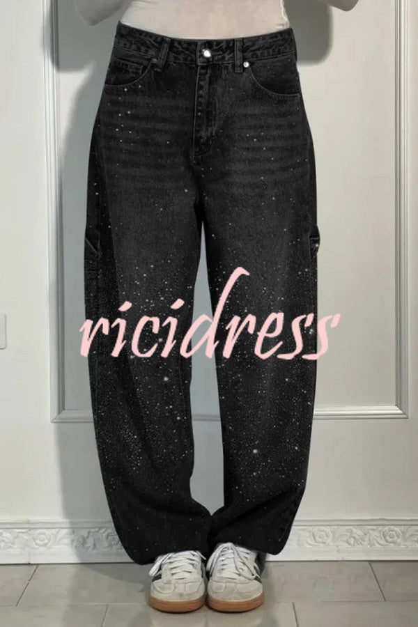 Fashionable Rhinestone Mid-rise Loose Pocket Straight Jeans