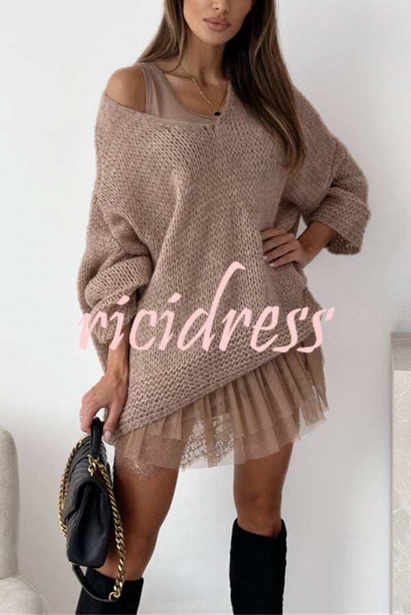 Solid Color Loose V-neck Casual Knitted Sweater