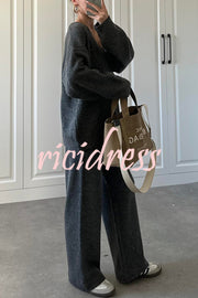Solid Color V-neck Tie Long-sleeved Loose Knit Cardigan and Elastic Waist Casual Straight Leg Pants Set