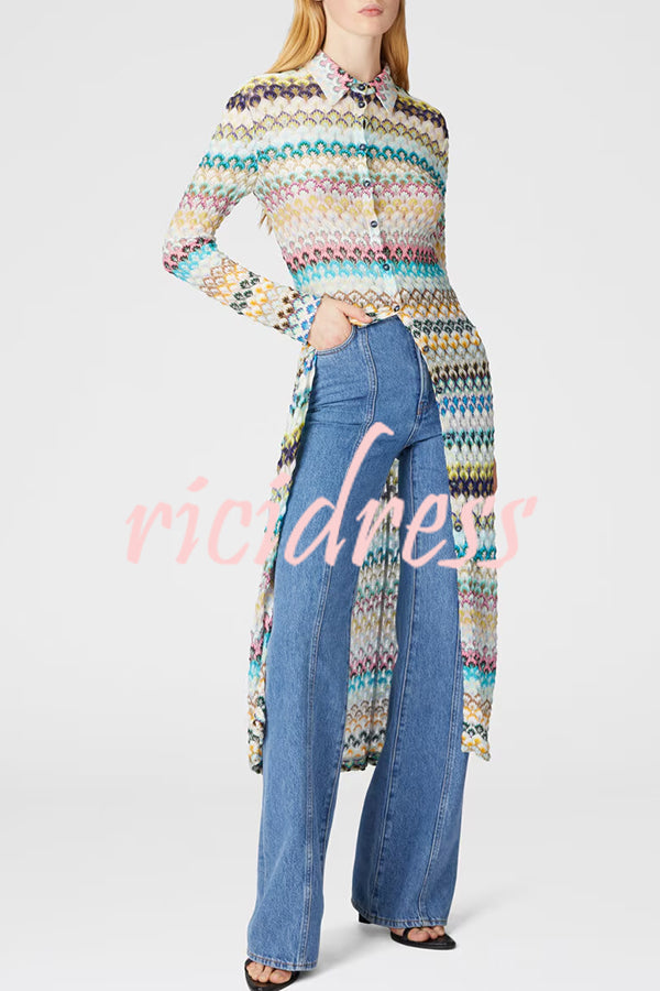 Anna Knit Colorful Herringbone Print Shirt Neck Button Long Sleeve Slim-fit Long Cardigan
