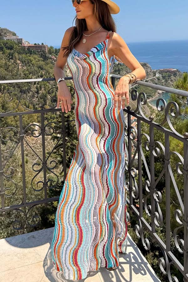 Clarissa Knit Colorful Wave Print Cowl Neck Open Back Slit Maxi Dress