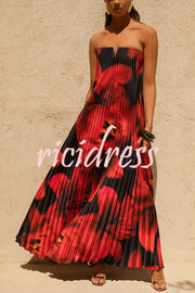 For Every Occasion Satin Pleated Floral Print V-wire Bandeau Neck Maxi Dress