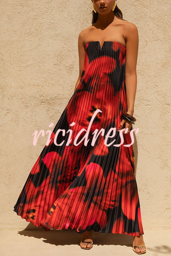 For Every Occasion Satin Pleated Floral Print V-wire Bandeau Neck Maxi Dress