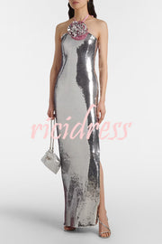 Moonlit Blooms Sequin Floral-appliqué Halter Neck Slit Gown Maxi Dress
