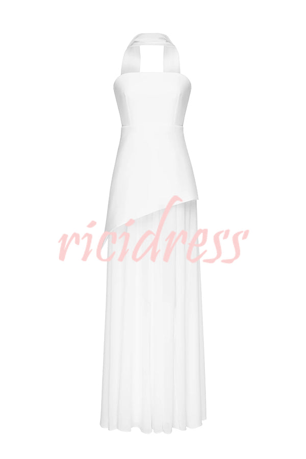Monaco Off Shoulder Structured Top Chiffon Slit Hem Scarf Maxi Dress