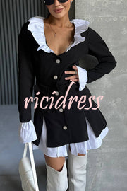 Altair Contrast Ruffled Shirt Patchwork Button Pleated Blazer Mini Dress