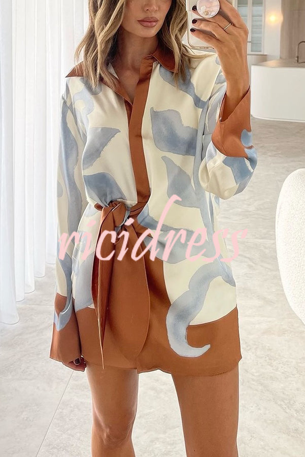 Lake Days Satin Colorblock Unique Print Tie-up Shirt Mini Dress