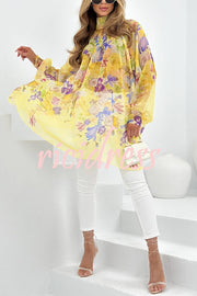 Chiffon Floral Print Turtleneck Long Sleeve Loose Top