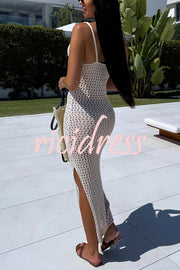Solid Color V-neck Hollow Beach Knitted Cover-up Midi Dress