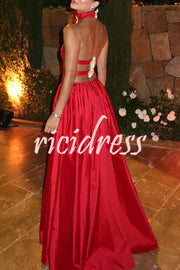 Festive Red Satin Floral Details Open Back Halter Elastic Waist Maxi Dress