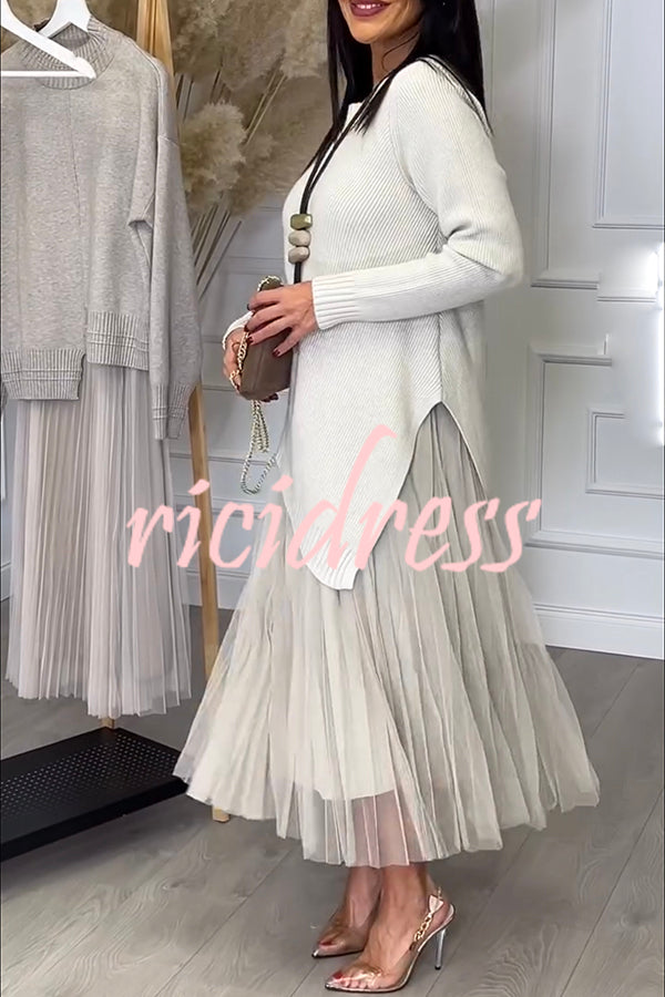 Jensine Ribbed Knit Irregular Loose Sweater and Pleated Tulle Tank Midi Dress Two-piece Set