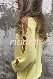 Solid Color Round Neck Hollow Long Sleeve Loose Knitted Sweater