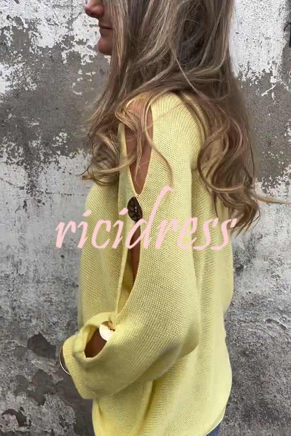 Solid Color Round Neck Hollow Long Sleeve Loose Knitted Sweater