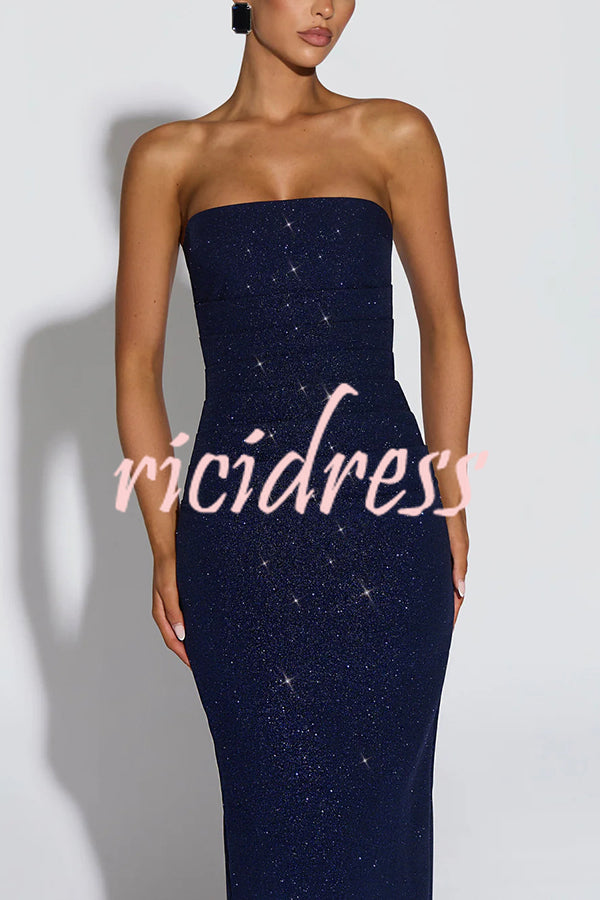 Pandra Glittery Crepe Fabric Off Shoulder Ruched Slit Cape Maxi Dress