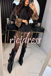 Fashionable Splicing Leopard Print Bell Sleeve Stretch Mini Dress