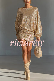 Glow Season Sequin Long Lantern Sleeve Ruched Hip Loose Mini Dress
