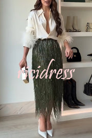 Party Crasher Layered Sequined Tassels High Rise Back Zipper Midi Skirt