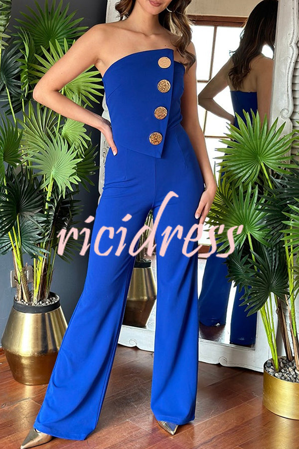 Solid Color Sexy Tube Top Gold Button Embellished Bootcut Jumpsuit