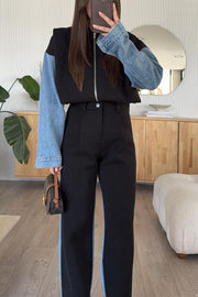 Sports Fashion Denim Patchwork Sweatshirt Fabric High Rise Pocket Loose Pants
