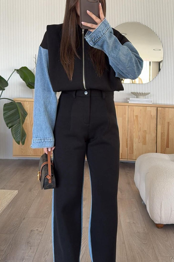 Sports Fashion Denim Patchwork Sweatshirt Fabric High Rise Pocket Loose Pants