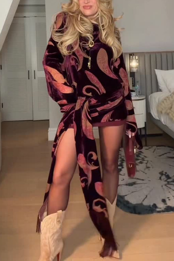 Night Out Velvet Paisley Print Long Sleeve Tie-up Tassel Loose Mini Dress