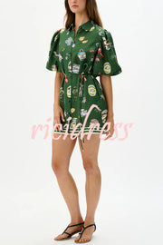 Linen Blend Unique Print Puff Sleeve Casual Mini Dress