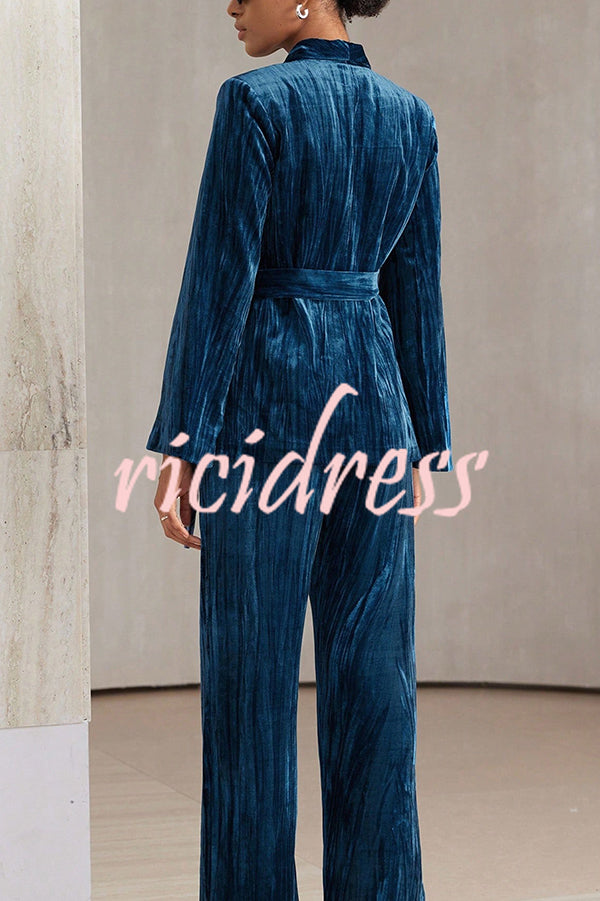 Solid Color Velvet Pleated Long-sleeved Tie Top and Casual Pocket Straight-leg Pants Set