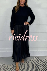 Stylish Knitted Round Neck Long Sleeve Patchwork Pleated Hem Maxi Dress