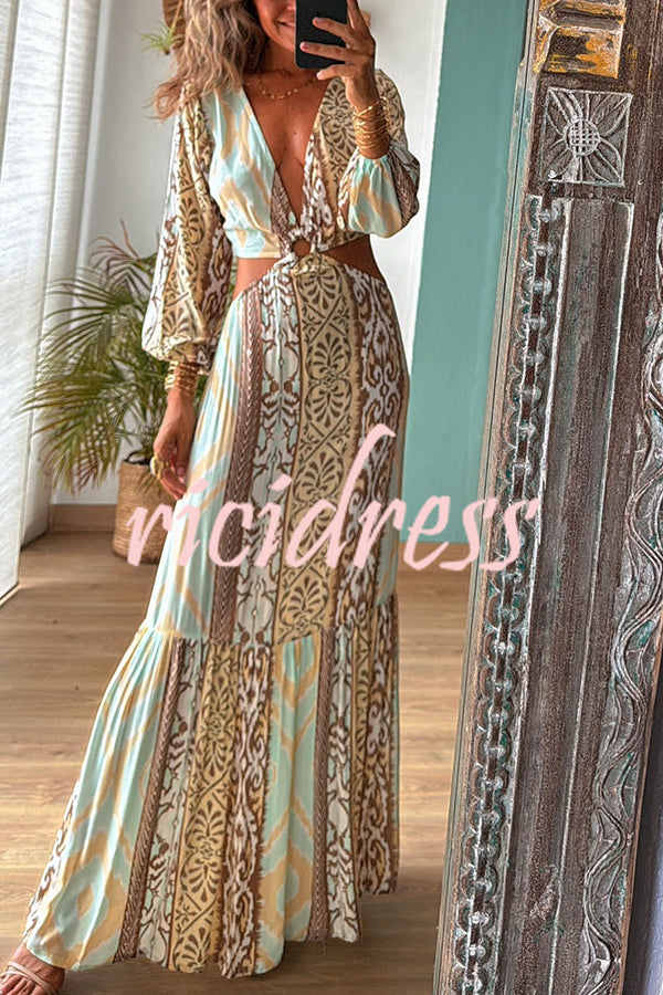 Sefora Unique Color Block Print Long Sleeve Ring Cutout Back Tie-up Maxi Dress