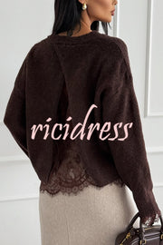 Caitlin Knit Lace Trim Patchwork Long Sleeve Back Slit Relaxed Sweater