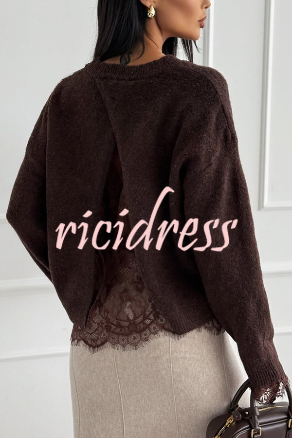 Caitlin Knit Lace Trim Patchwork Long Sleeve Back Slit Relaxed Sweater